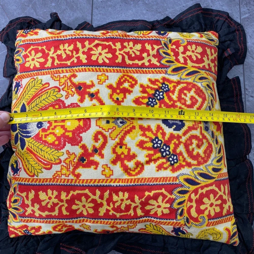 Vintage‎ 70s Handmade Patchwork Boho Throw Pillow Floral Ruffle Square 19.5